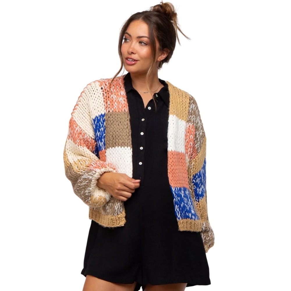 Polagram Womens Patchwork Chunky Knit Cardigan Multicolor Oversized PSW2849 L‎